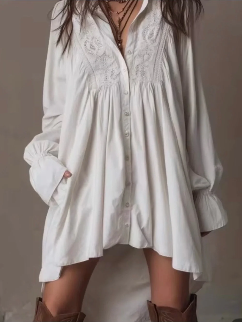 Beautiful White Eyelet High/Low Button-Up Tunic Dress - Picture 3 of 15